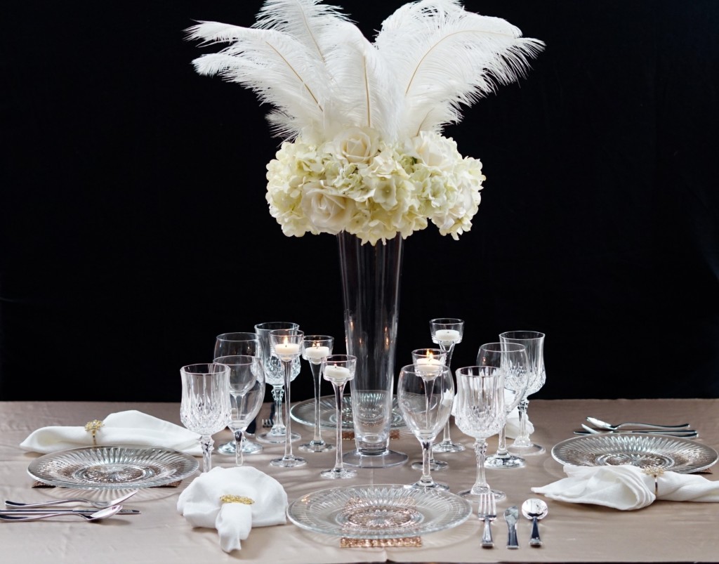 Tall White Rose and Feather Centerpieces