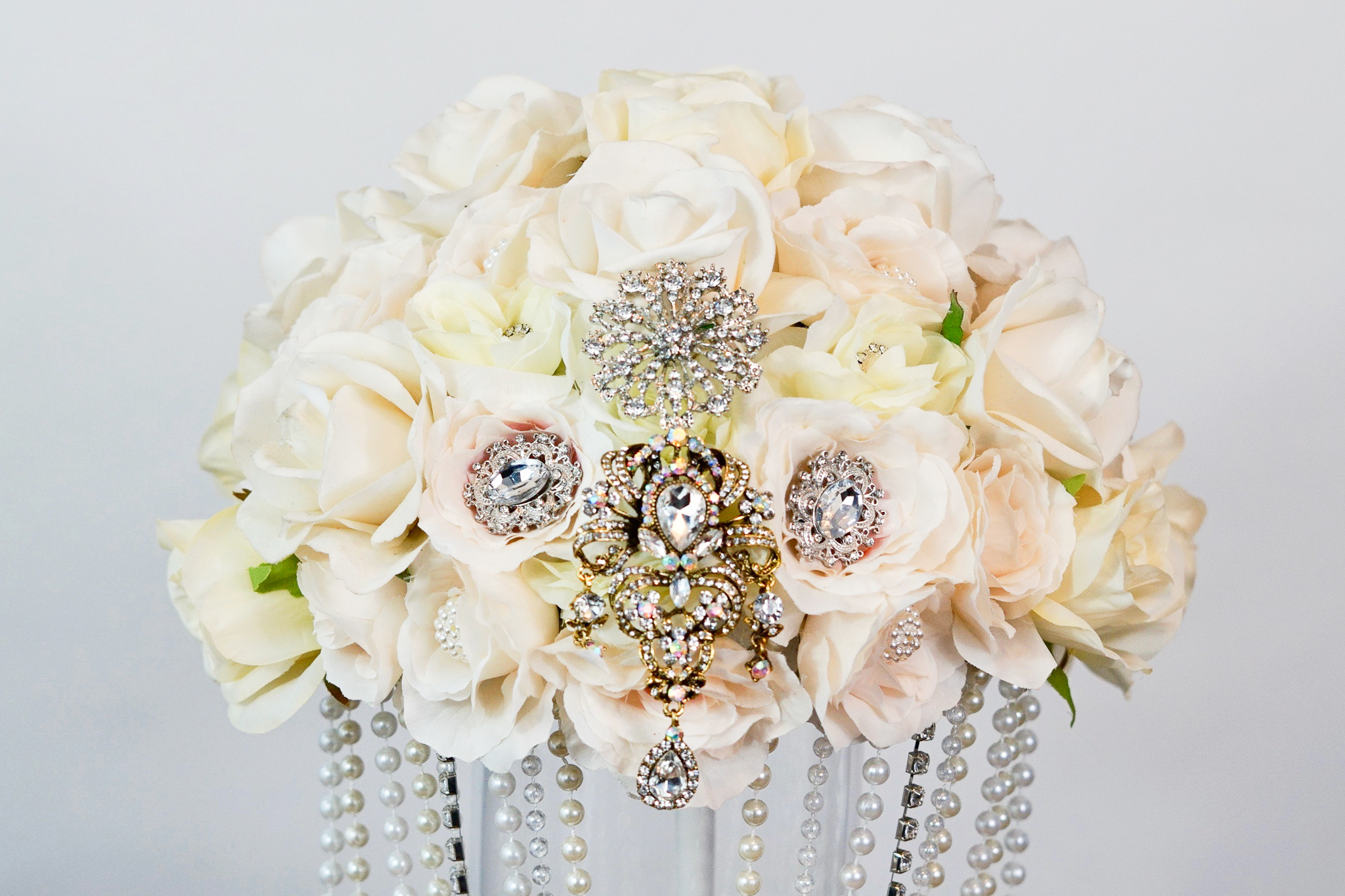 DIY Elegant Brooch and Pearl Cascading Bridal Bouquet