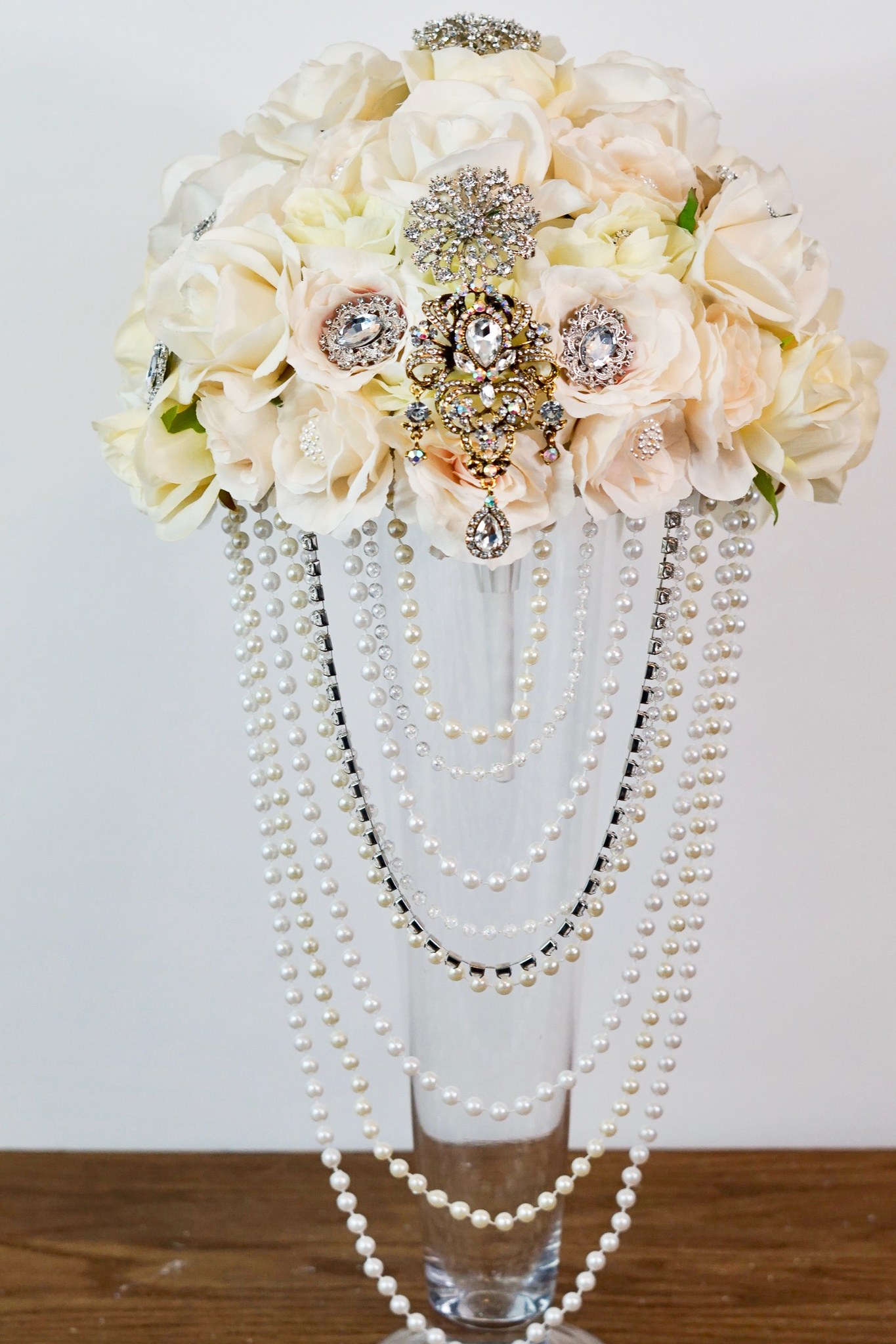 DIY Elegant Brooch and Pearl Cascading Bridal Bouquet