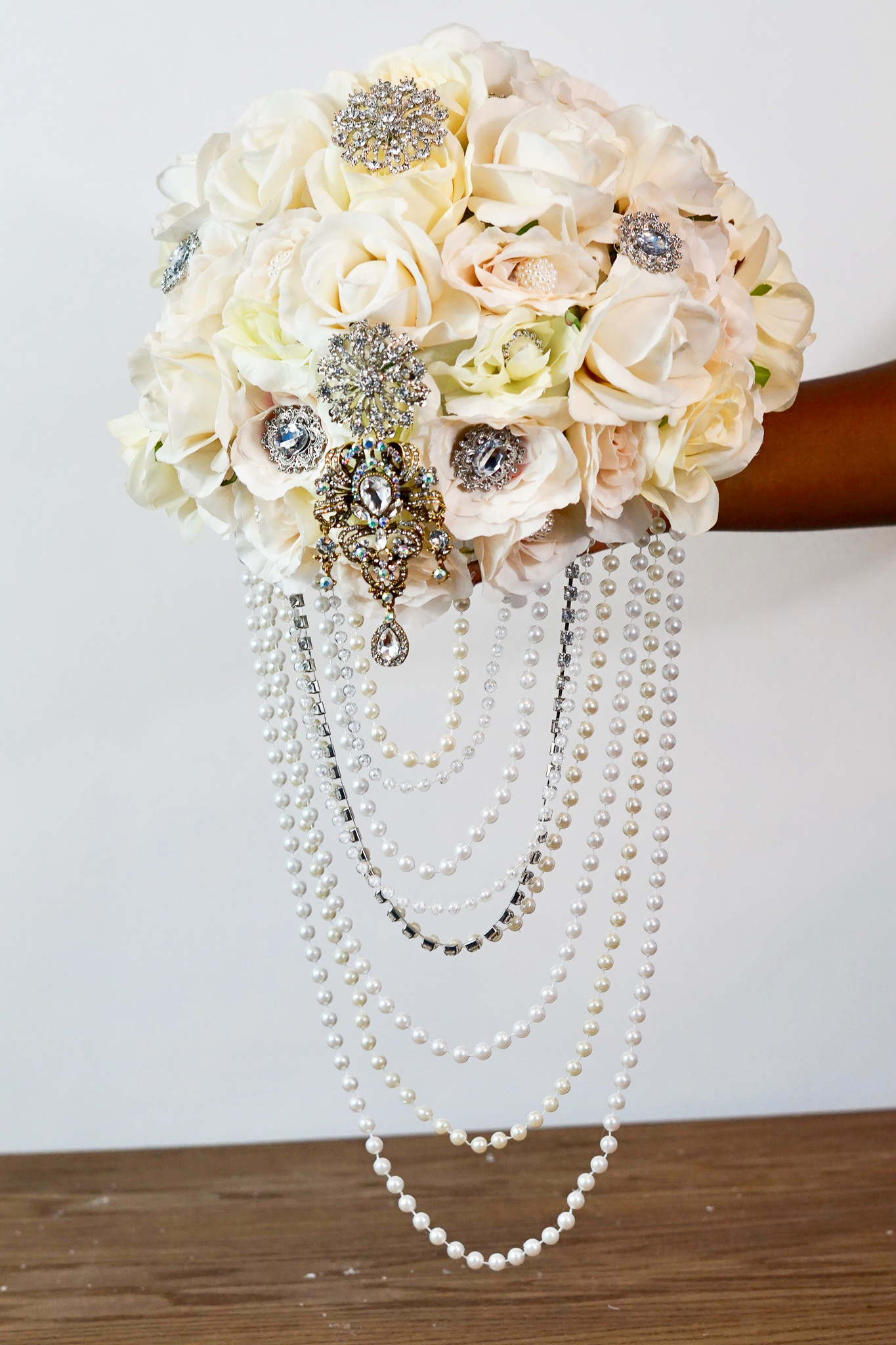 DIY Elegant Brooch and Pearl Cascading Bridal Bouquet