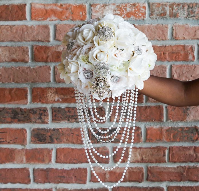 DIY Elegant Brooch and Pearl Cascading Bridal Bouquet
