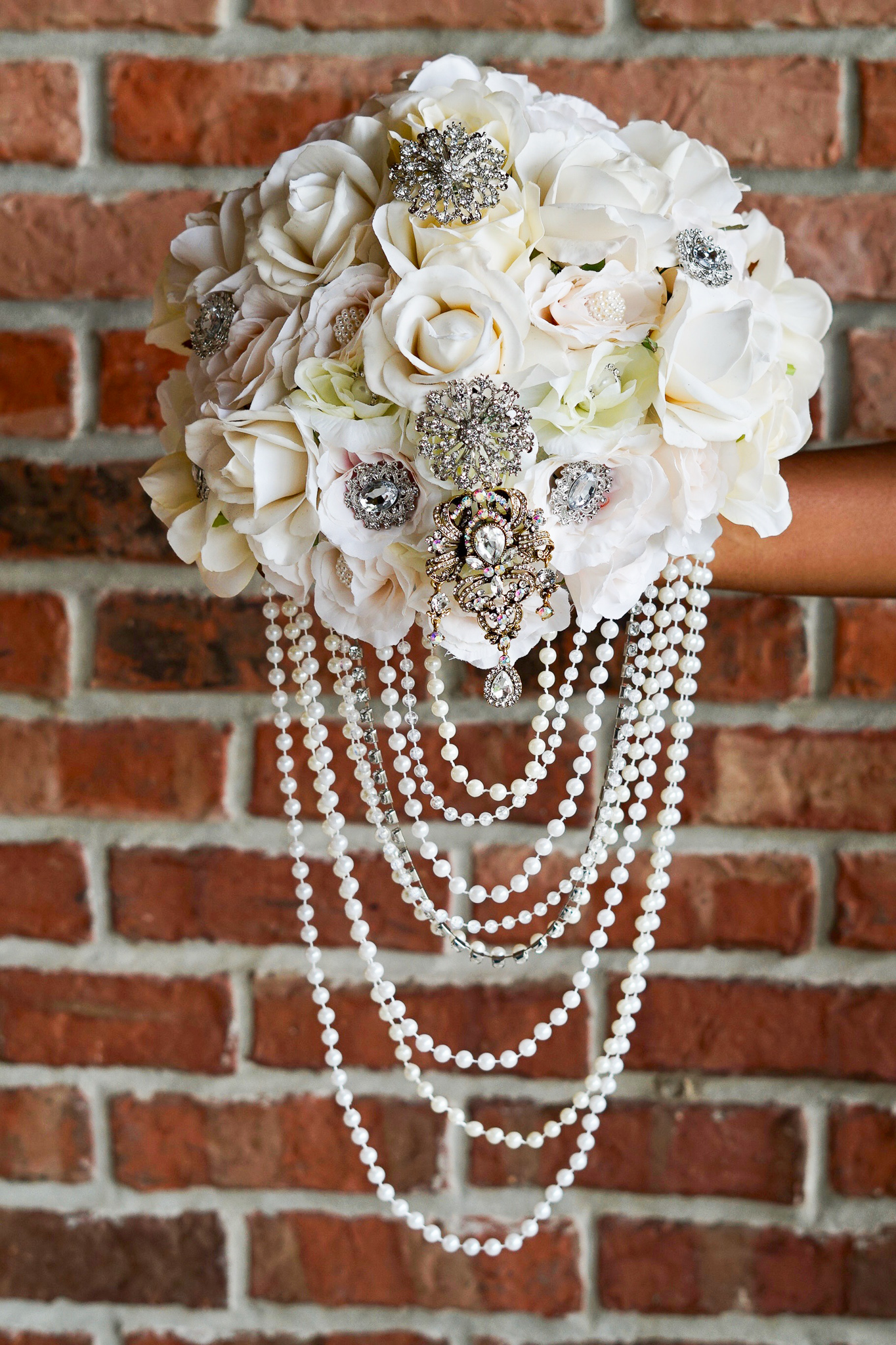 DIY Elegant Brooch and Pearl Cascading Bridal Bouquet