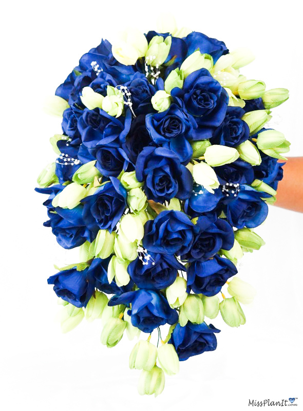 Navy Blue and Green Wedding Cascading Bridal Bouquet