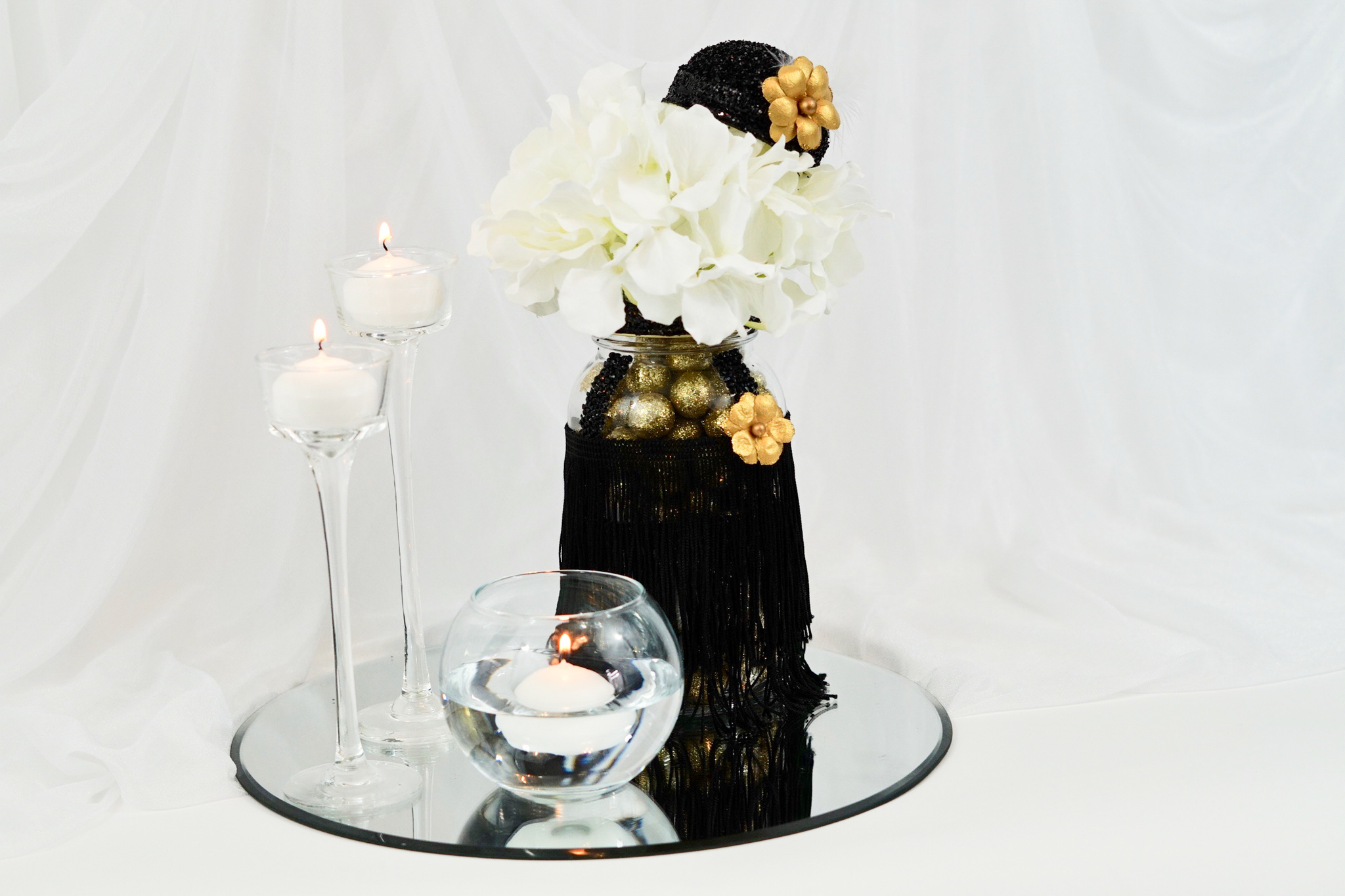 Roaring 20's Centerpiece  Rose gold party decor, Black and gold