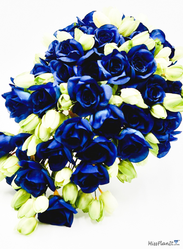 Navy Blue and Green Wedding Cascading Bridal Bouquet